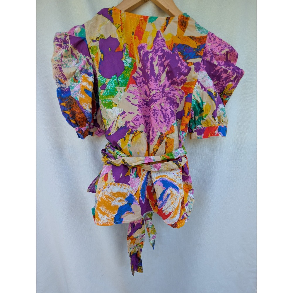 Tendencias Sandra Vera Wrap Blouse Womens Puff Sleeve Abstract Painterly Top